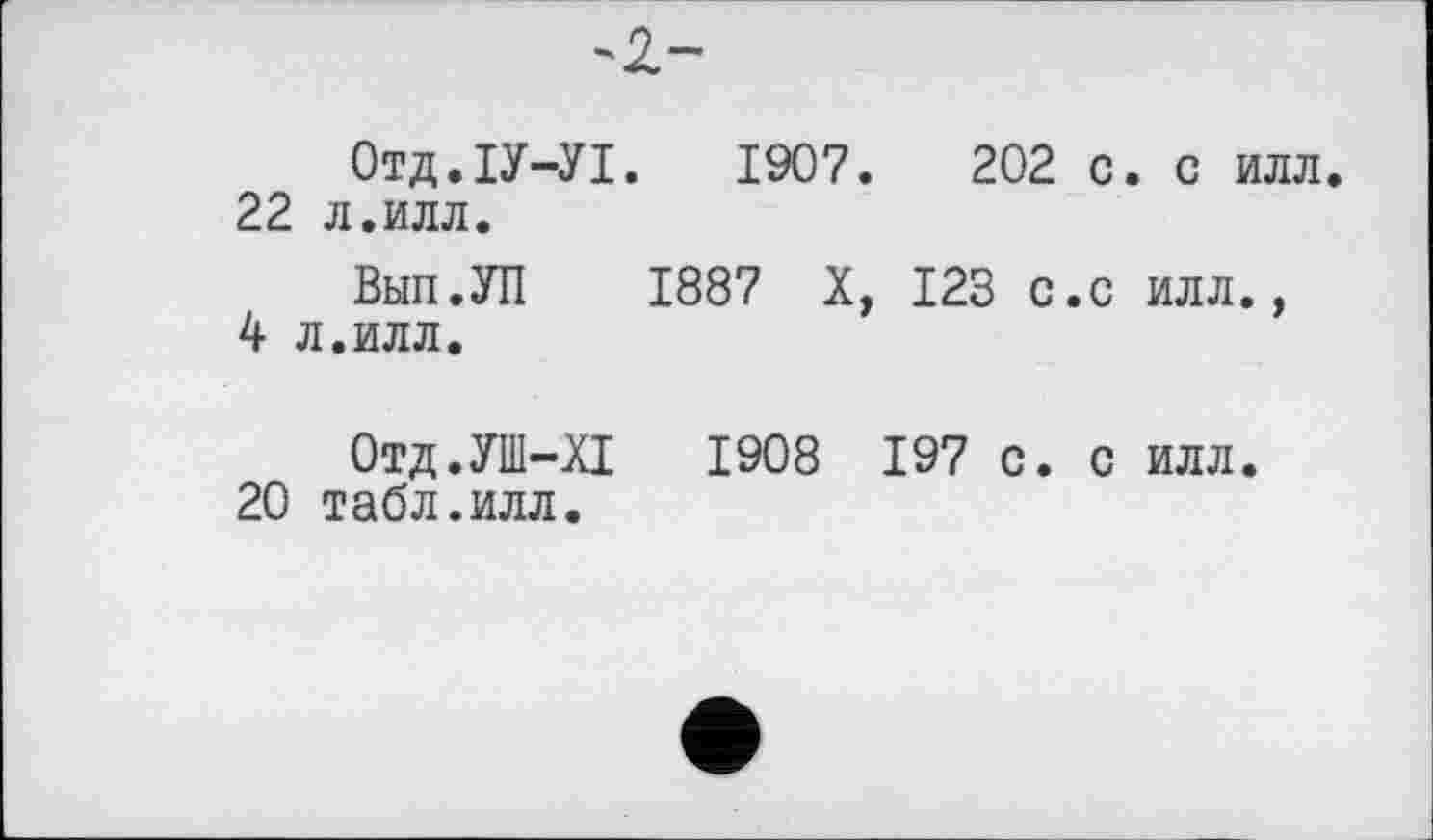 ﻿-z-
Отд.ІУ-УІ. 1907.	202 с. с илл
22 л.илл.
Вып.УП 1887 X, 123 с.с илл., 4 л.илл.
Отд.УШ-ХІ 1908 197 с. с илл.
20 табл.илл.